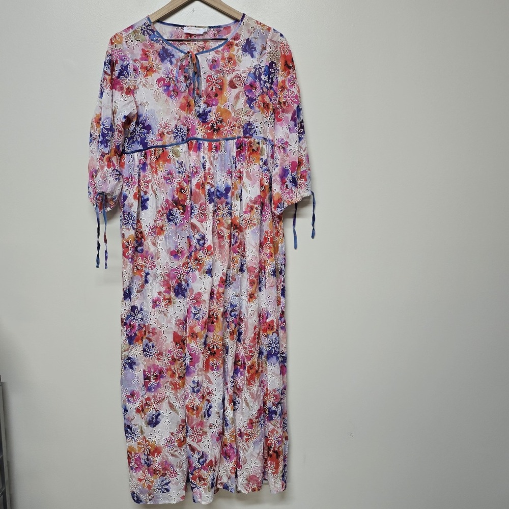 Johnny Was Summer Days Eyelet Tiered Silk Blend Midi Dress Sz XS $298 NWOT Beach